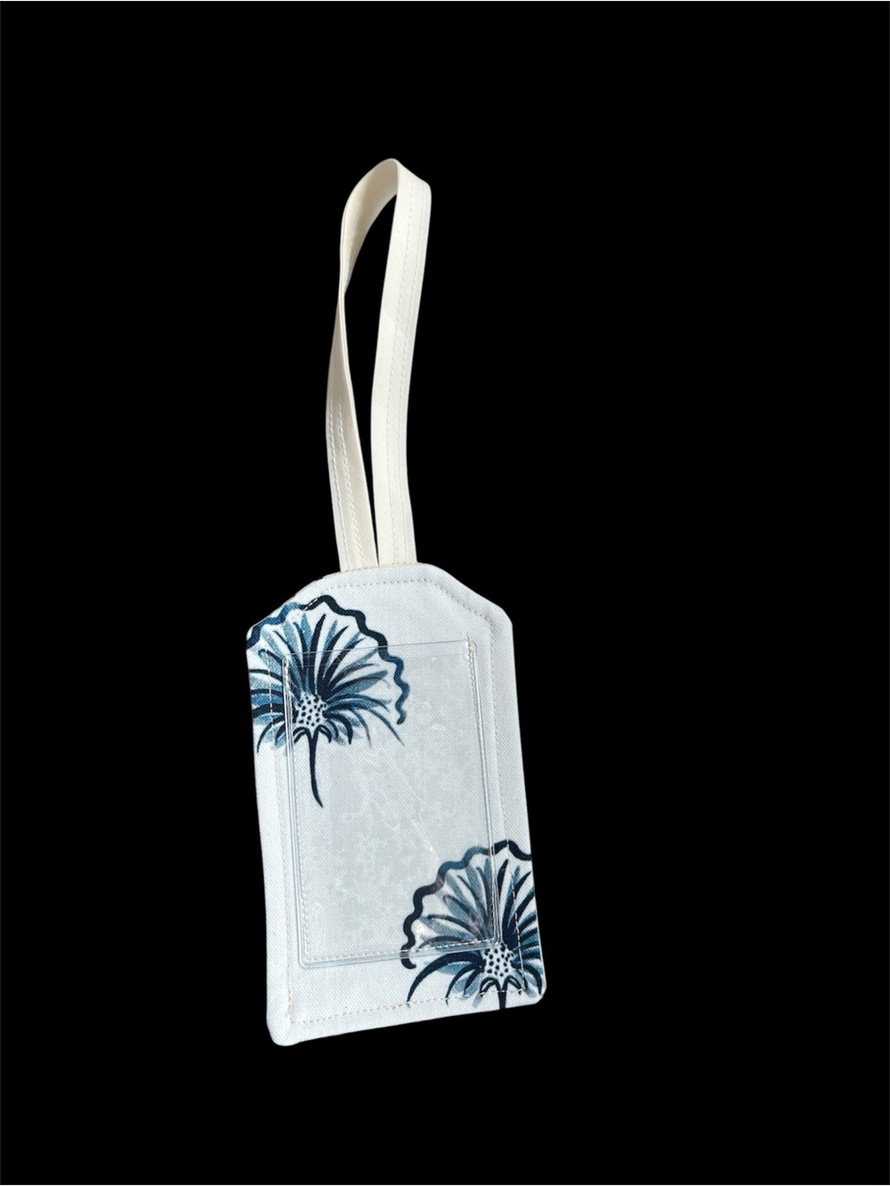 White Floral Luggage Tag with Blue Accent